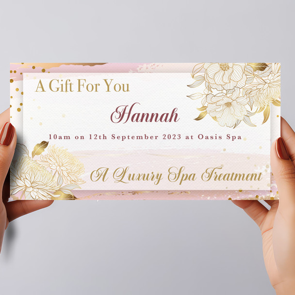 Gold Peach Pink Floral Spa Treatment Personalised Surprise Ticket Gift Voucher