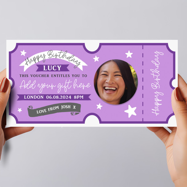 Happy Birthday Any Purple Star Photo Personalised Surprise Ticket Gift Voucher