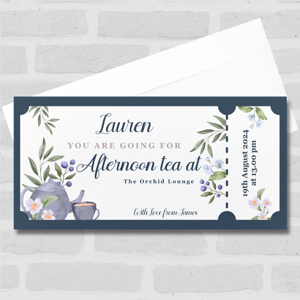 Blue Teapot Going For Afternoon Tea Personalised Surprise Ticket Gift Voucher