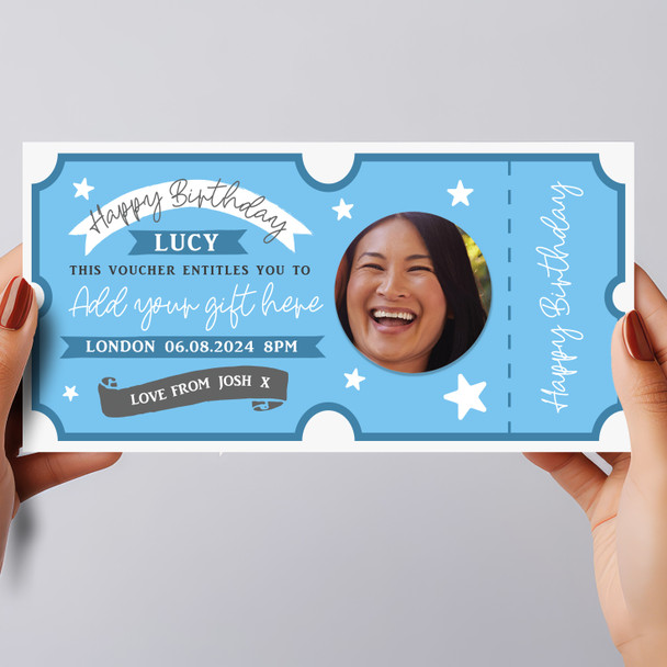 Happy Birthday Gift Blue Star Photo Personalised Surprise Ticket Gift Voucher