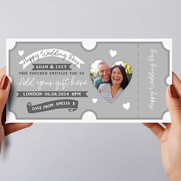 Happy Wedding Day Grey Heart Photo Personalised Surprise Ticket Gift Voucher