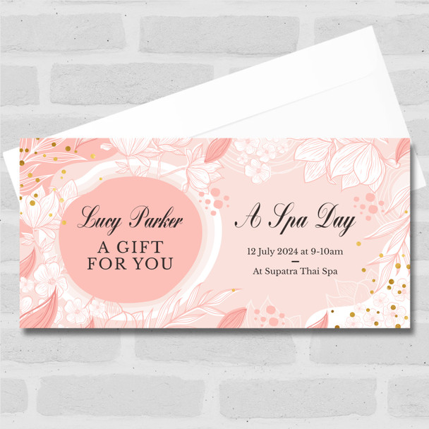 Pink Floral Gold Dots Any Occasion Personalised Surprise Ticket Gift Voucher