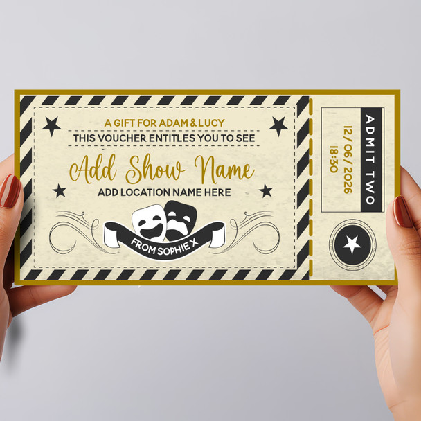 Any Theatre Comedy Show Gift Gold Personalised Surprise Ticket Gift Voucher