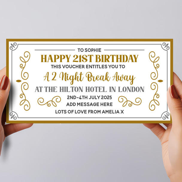 Birthday Night Away Gold Elegant Personalised Surprise Ticket Gift Voucher