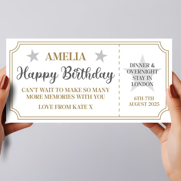 Happy Birthday Gold Silver Star Personalised Surprise Ticket Gift Voucher