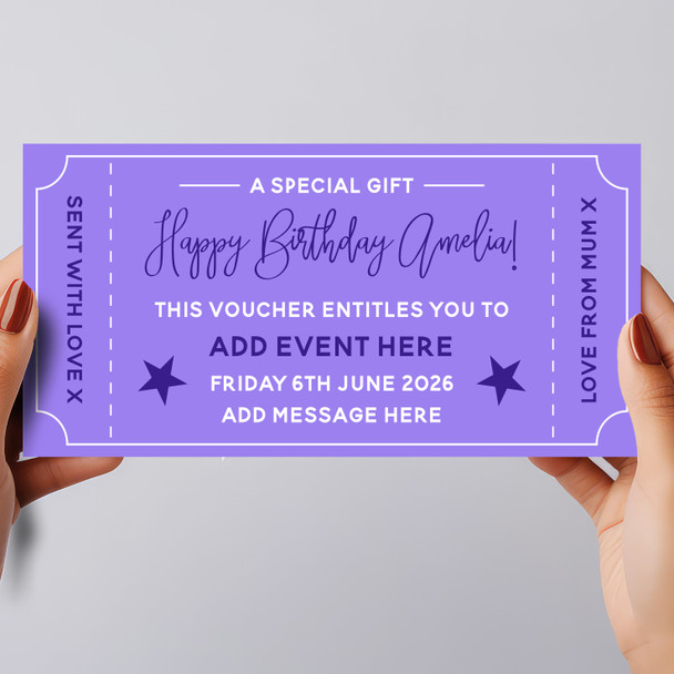 Happy Birthday Any Event Purple Personalised Surprise Ticket Gift Voucher