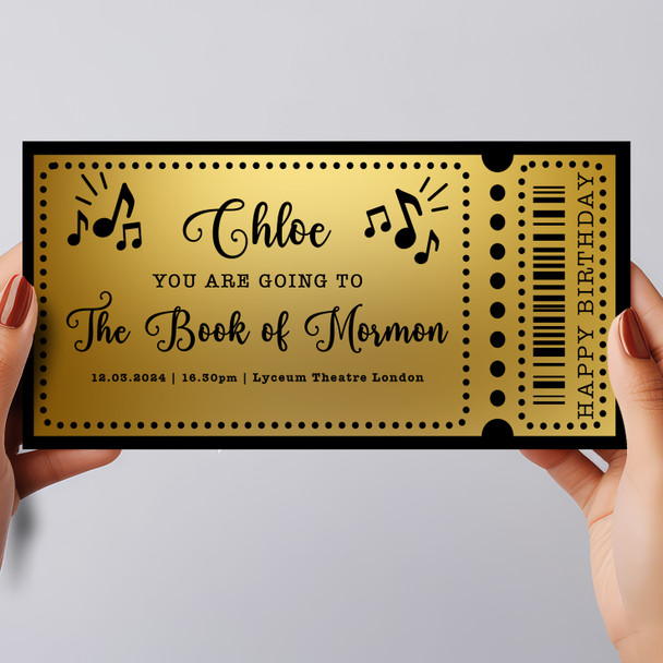 Gold Music Notes Any Show Gift Personalised Surprise Ticket Gift Voucher