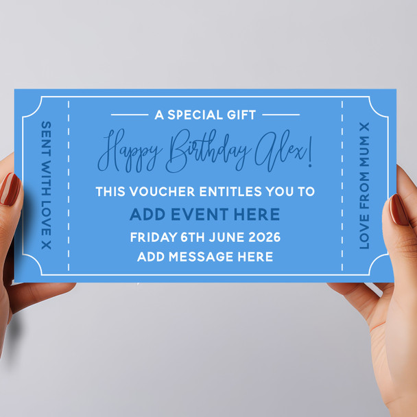 Happy Birthday Any Event Blue Personalised Surprise Ticket Gift Voucher