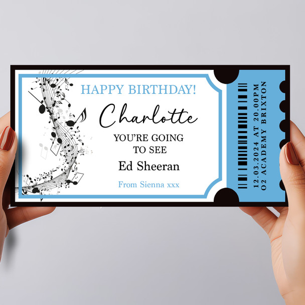 Blue Music Birthday Concert Personalised Surprise Ticket Gift Voucher