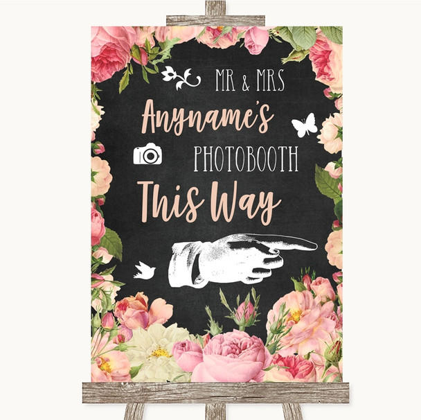 Chalkboard Style Pink Roses Photobooth This Way Right Personalised Wedding Sign