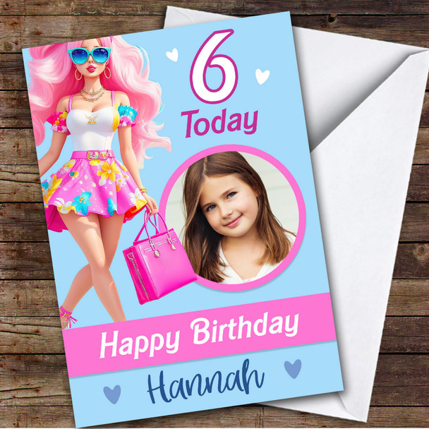 Barbie Girl Doll Pink Blue Photo Any Age Personalised Kid's Birthday Card