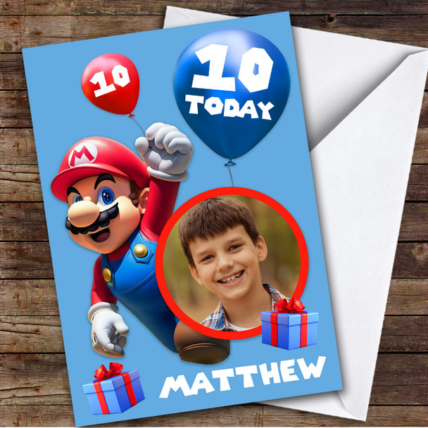 Super Mario Balloons Blue Photo Any Age Children's Personalised Kid's Birthday Card