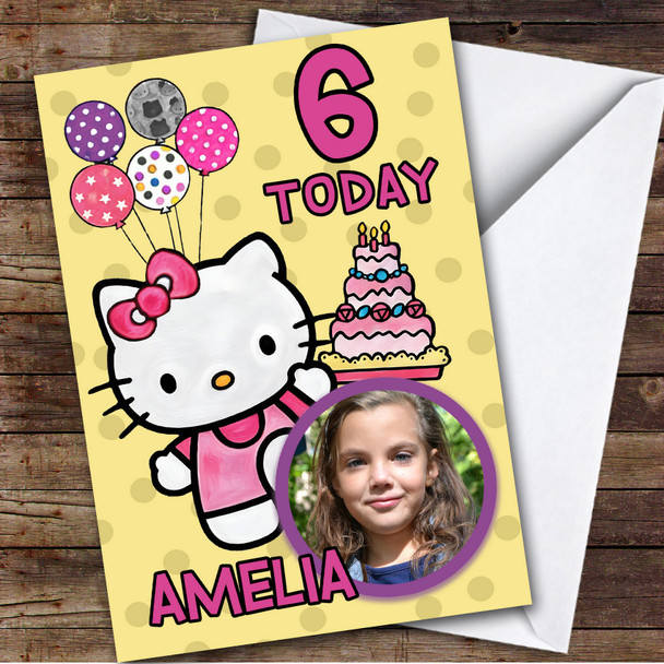 Hello Kitty Cake Yellow Photo Any Age Children's Personalised Kid's Birthday Card