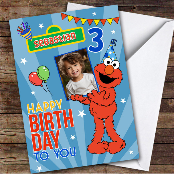 Blue Elmo Party Hat Photo Any Age Children's Personalised Kid's Birthday Card