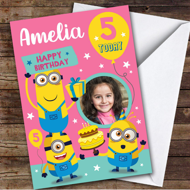 Minions Girl's Pink Photo Any Age Children's Personalised Kid's Birthday Card