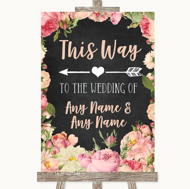 Chalkboard Style Pink Roses This Way Arrow Left Personalised Wedding Sign