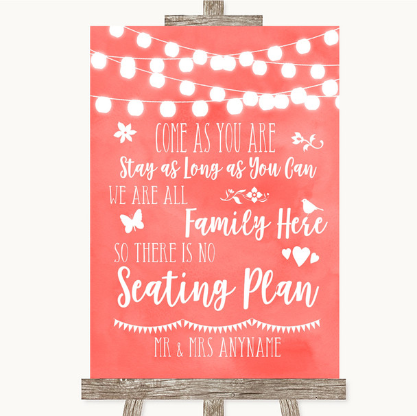 Coral Watercolour Lights All Family No Seating Plan Personalised Wedding Sign