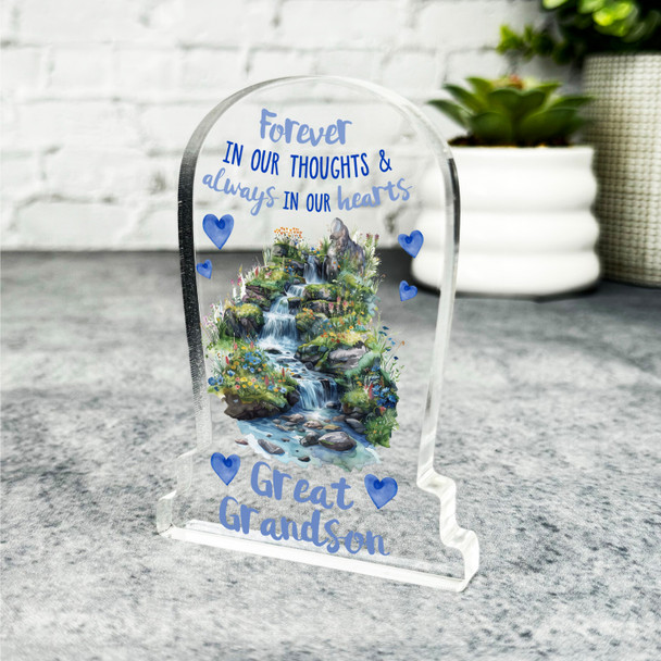 Great Grandson Waterfall Blue Hearts Memorial Gift Gravestone Keepsake Plaque