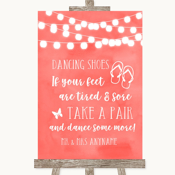 Coral Watercolour Lights Dancing Shoes Flip Flops Personalised Wedding Sign