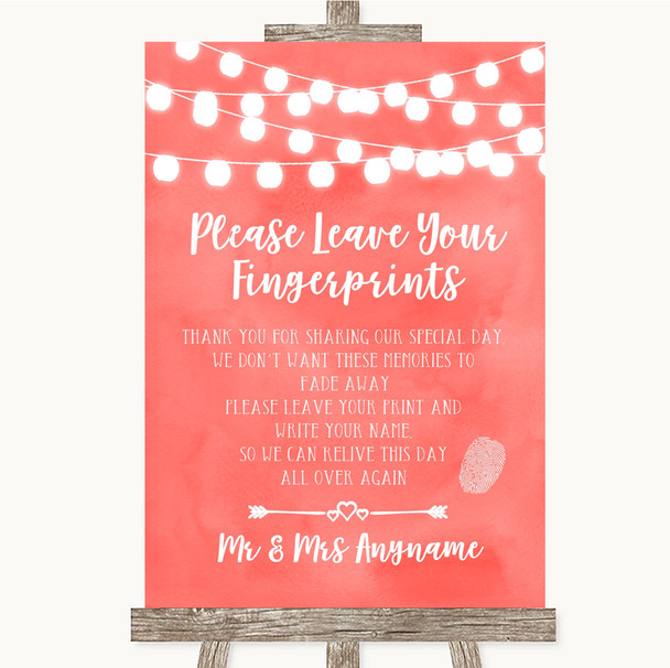 Coral Watercolour Lights Fingerprint Guestbook Personalised Wedding Sign