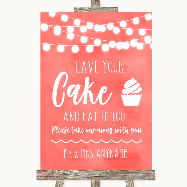 Coral Watercolour Lights Have Your Cake & Eat It Too Personalised Wedding Sign