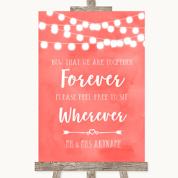 Coral Watercolour Lights Informal No Seating Plan Personalised Wedding Sign