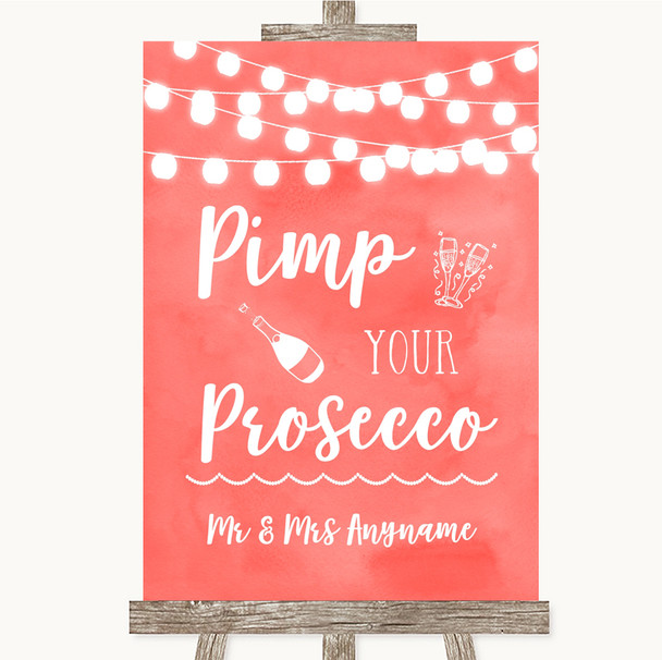 Coral Watercolour Lights Pimp Your Prosecco Personalised Wedding Sign