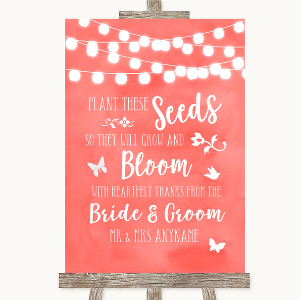 Coral Watercolour Lights Plant Seeds Favours Personalised Wedding Sign