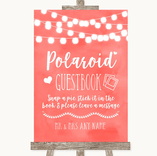 Coral Watercolour Lights Polaroid Guestbook Personalised Wedding Sign