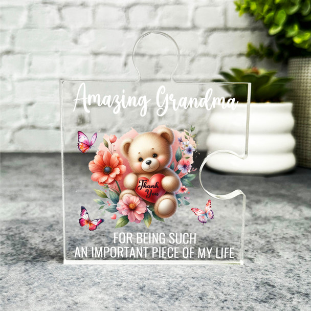 Gift For Grandma Cute Floral Teddy Bear Heart Puzzle Piece Keepsake Plaque