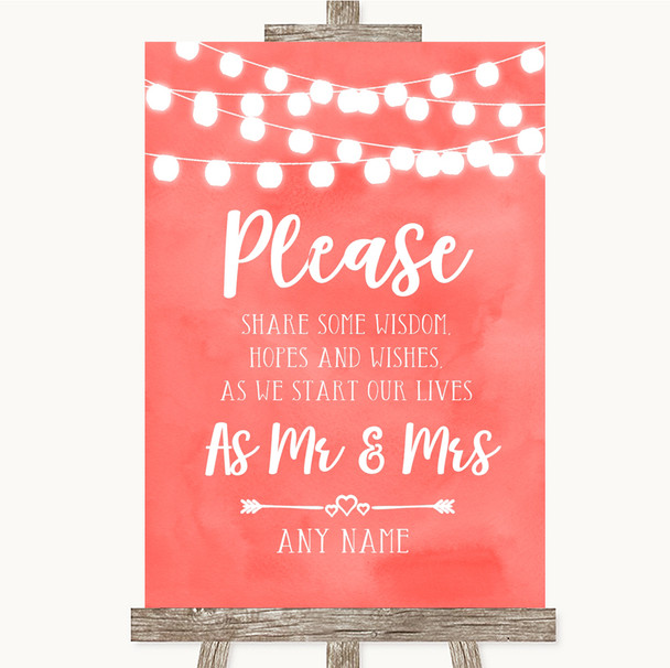 Coral Watercolour Lights Share Your Wishes Personalised Wedding Sign