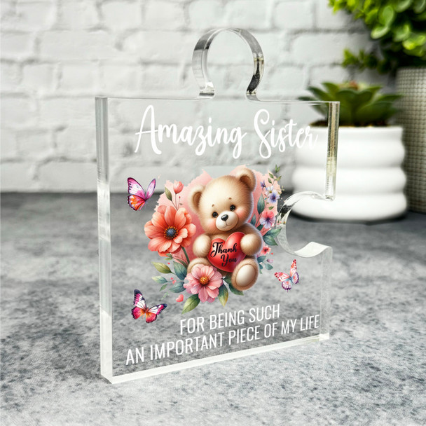 Gift For Sister Cute Floral Teddy Bear Heart Puzzle Piece Keepsake Plaque