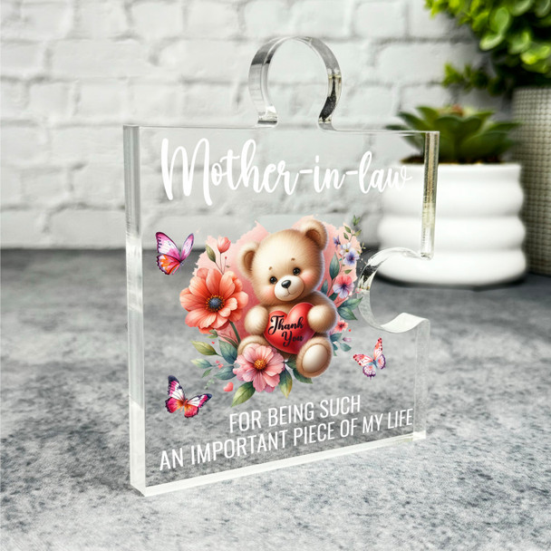 Gift For Mother-In-Law Cute Floral Teddy Bear Heart Puzzle Piece Keepsake Plaque