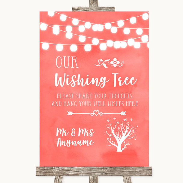 Coral Watercolour Lights Wishing Tree Personalised Wedding Sign