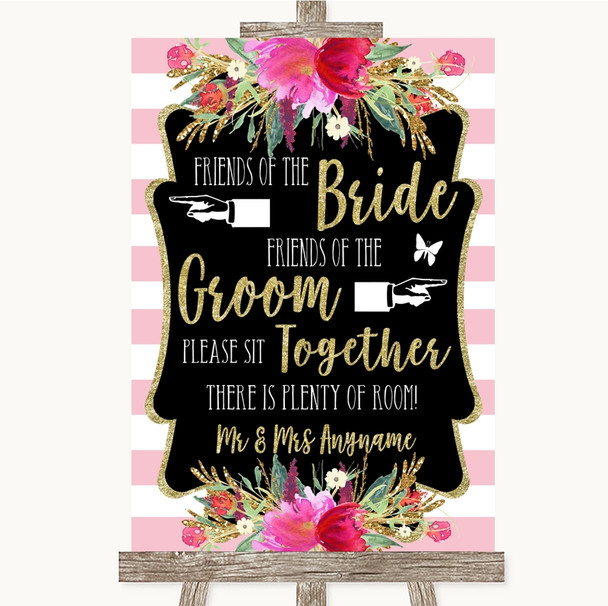 Gold & Pink Stripes Friends Of The Bride Groom Seating Personalised Wedding Sign