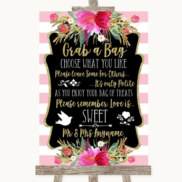 Gold and Pink Stripes Grab A Bag Candy Buffet Cart Sweets Wedding Sign