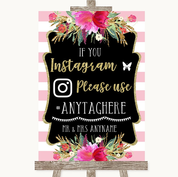 Gold & Pink Stripes Instagram Hashtag Personalised Wedding Sign