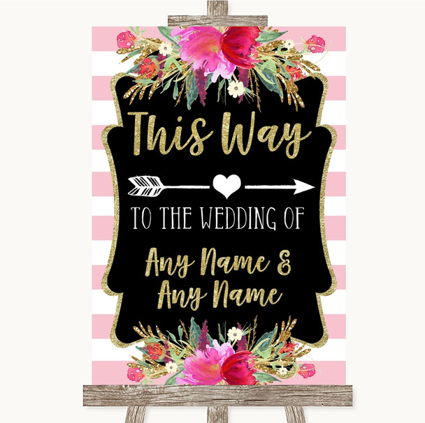 Gold & Pink Stripes This Way Arrow Right Personalised Wedding Sign