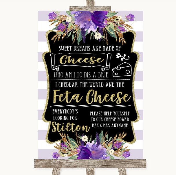 Gold and Purple Stripes Cheeseboard Cheese Song Personalised Wedding Sign