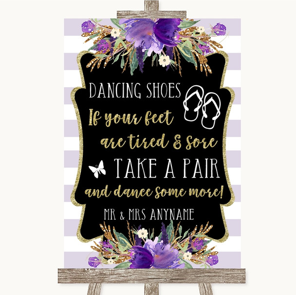 Gold & Purple Stripes Dancing Shoes Flip Flops Personalised Wedding Sign