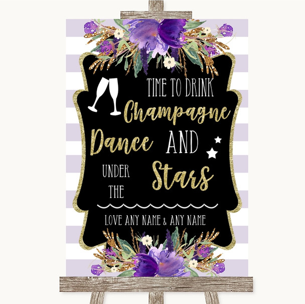 Gold and Purple Stripes Drink Champagne Dance Stars Personalised Wedding Sign Gold and Purple Stripes Drink Champagne Dance Stars Personalised Wedding Sign