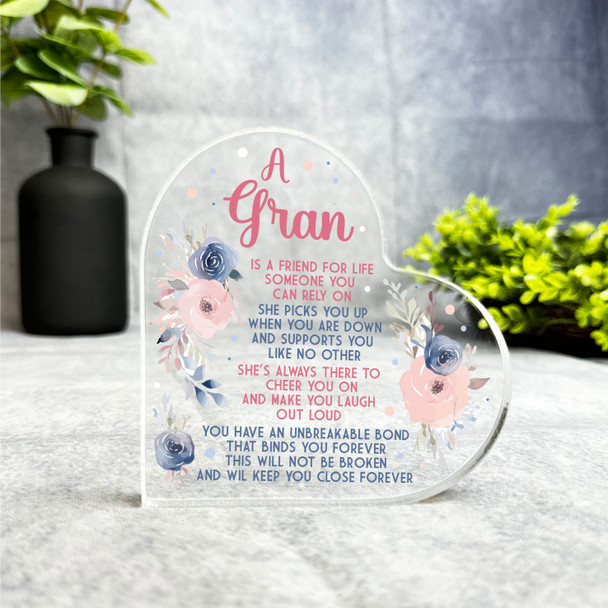 Gift For Gran Poem Pink Blue Flowers Side Heart Keepsake Plaque Ornament Present