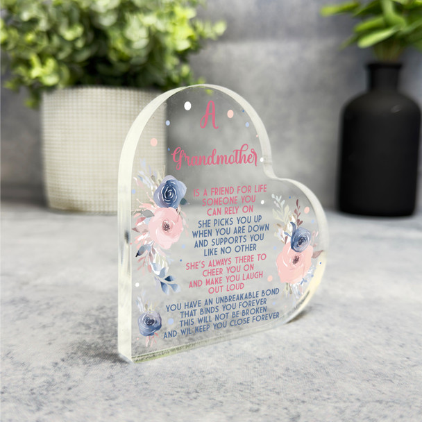 Gift For Grandmother Poem Pink Blue Flowers Side Heart Keepsake Plaque Ornament