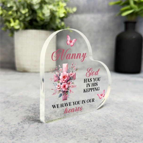 Nanny Pink Floral Cross Memorial Heart Gift Side Heart Keepsake Plaque Ornament