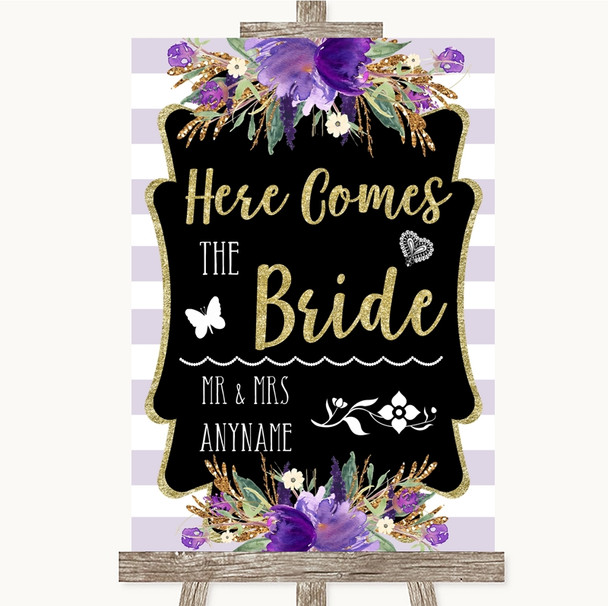 Gold & Purple Stripes Here Comes Bride Aisle Personalised Wedding Sign