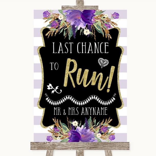 Gold & Purple Stripes Last Chance To Run Personalised Wedding Sign