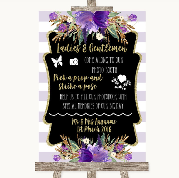 Gold & Purple Stripes Pick A Prop Photobooth Personalised Wedding Sign