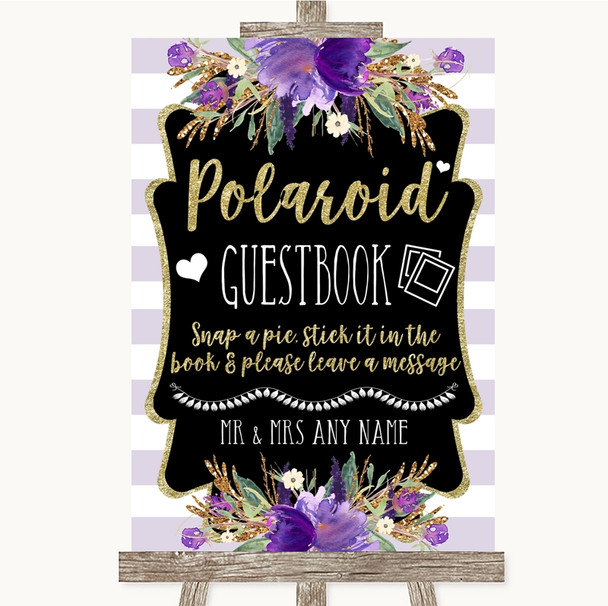 Gold & Purple Stripes Polaroid Guestbook Personalised Wedding Sign