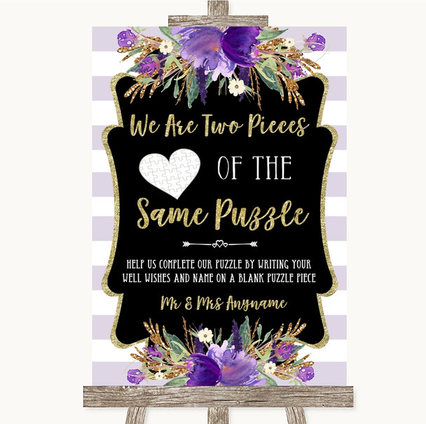 Gold & Purple Stripes Puzzle Piece Guest Book Personalised Wedding Sign