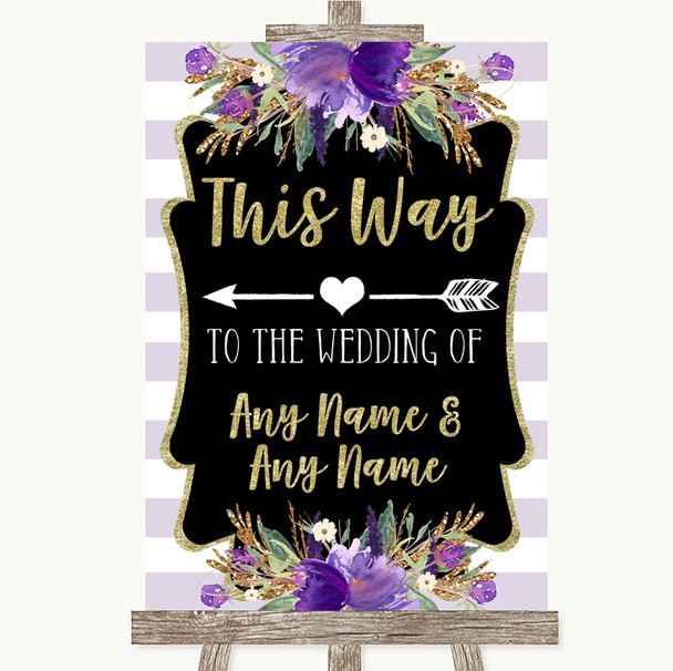 Gold & Purple Stripes This Way Arrow Left Personalised Wedding Sign